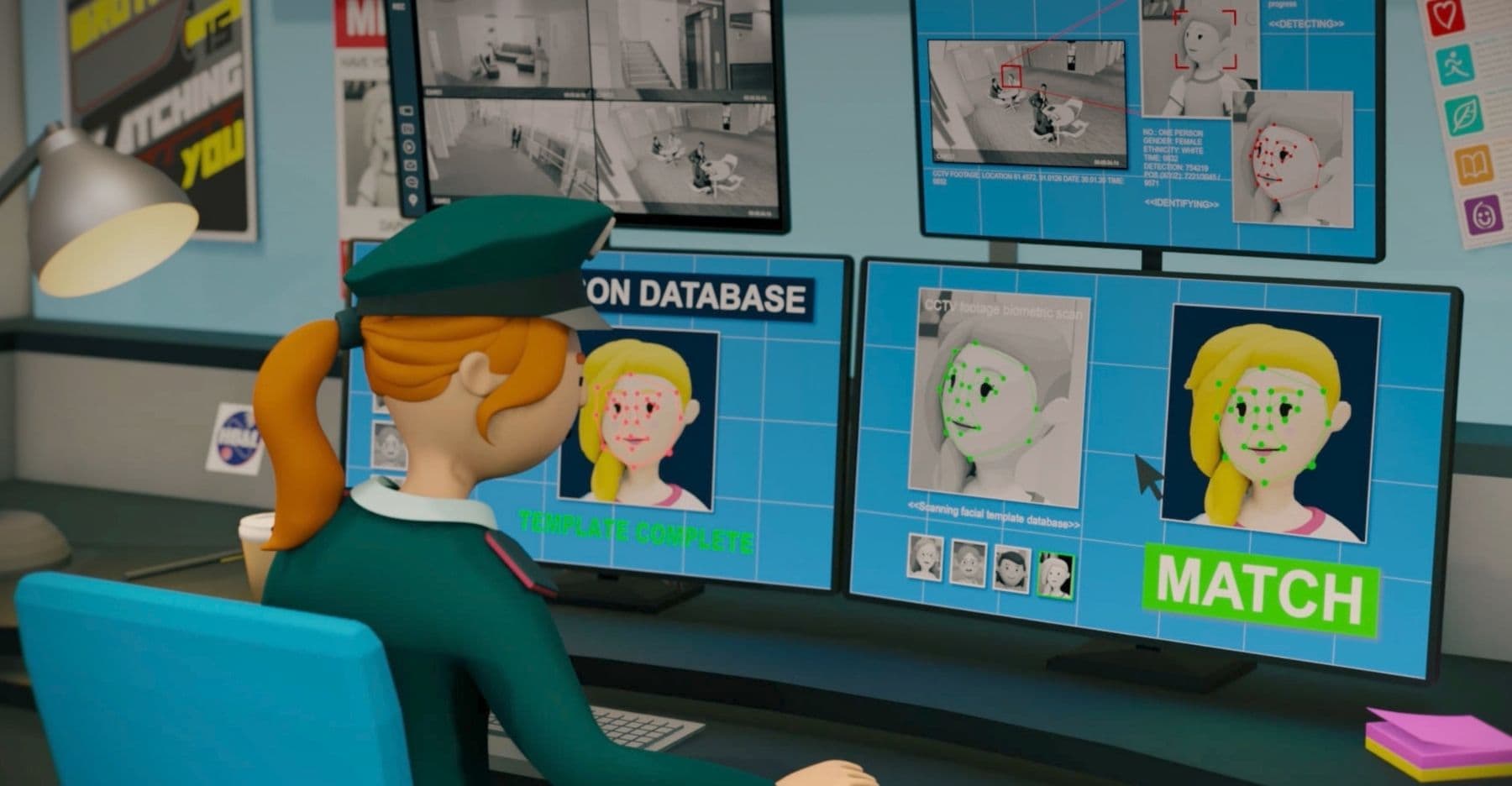 A 3D animation of a security officer monitoring facial recognition software to identify a match in a biometric database.