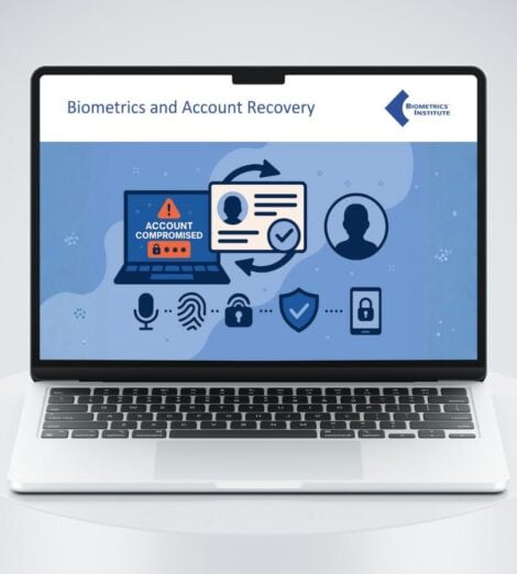 Biometrics Institute Biometrics and Account Recovery paper viewed on a laptop