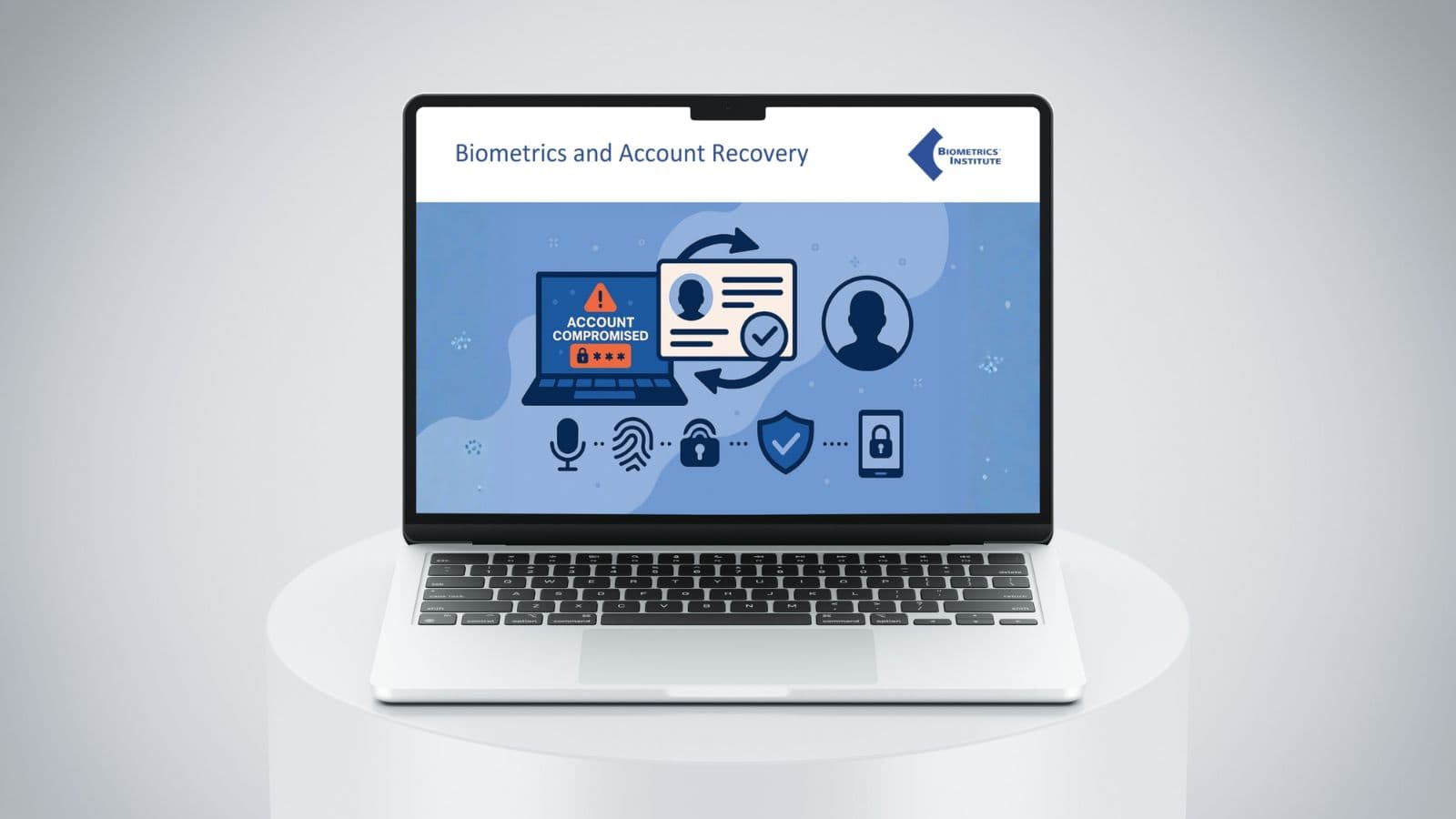 Biometrics Institute Biometrics and Account Recovery paper viewed on a laptop