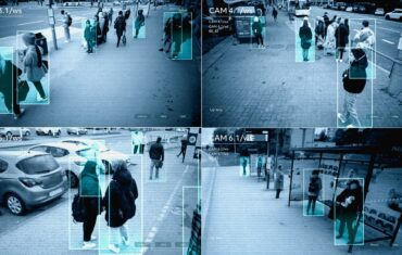 CCTV interface illustrating real-time facial recognition and tracking.