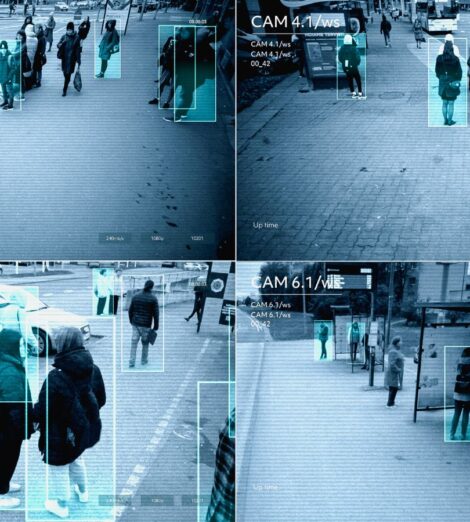 CCTV interface illustrating real-time facial recognition and tracking.