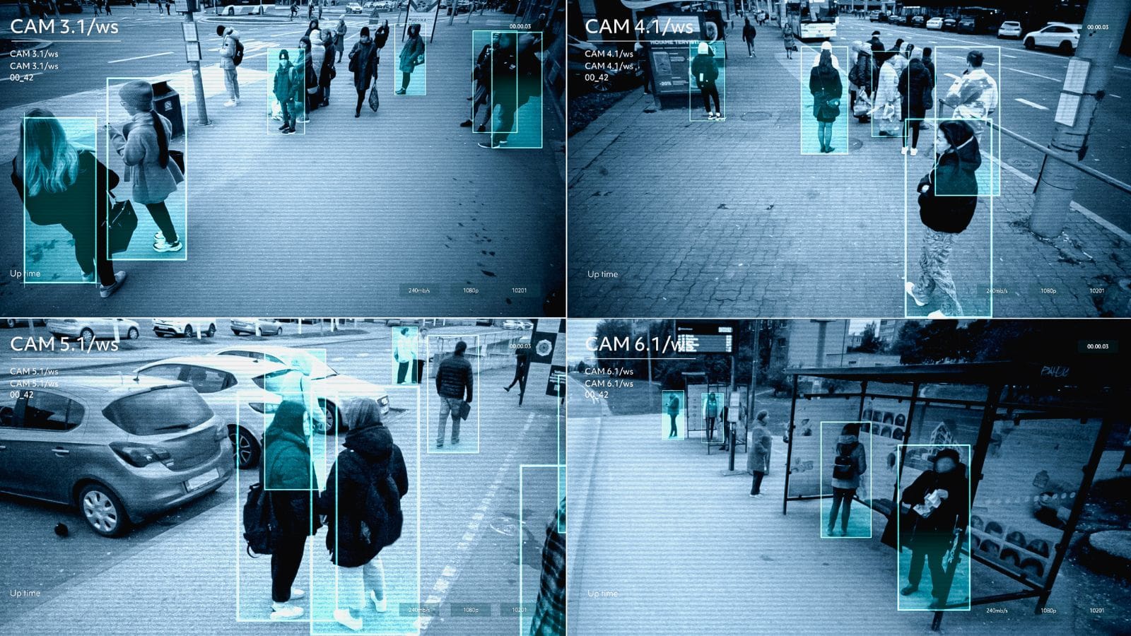 CCTV interface illustrating real-time facial recognition and tracking.