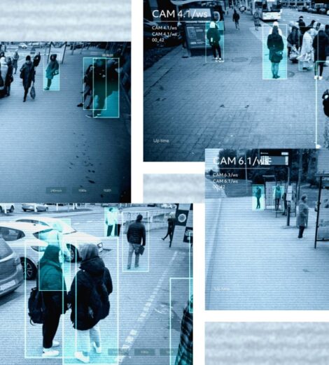 CCTV images illustrating real-time facial recognition and tracking.