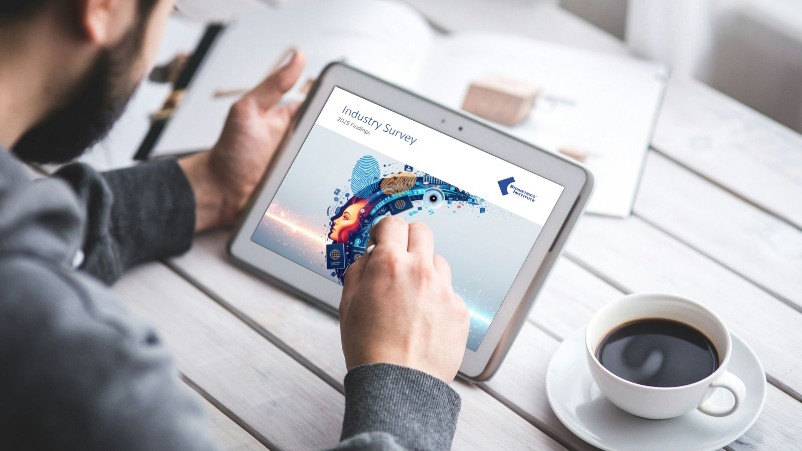 Man viewing Biometrics Institute Industry survey on a tablet