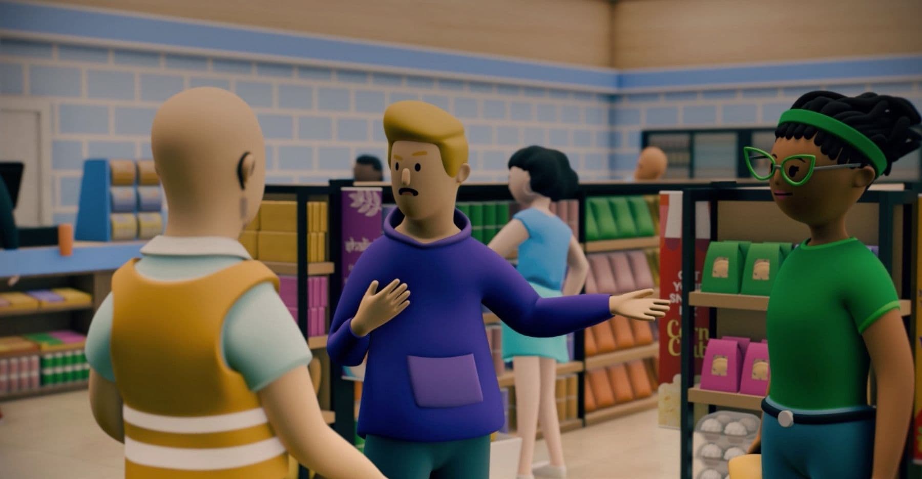 Biometrics Explained Mitigating Misidentification - 3D animated scene of a store customer gesturing to their friend after being flagged by a facial recognition system in a retail store.