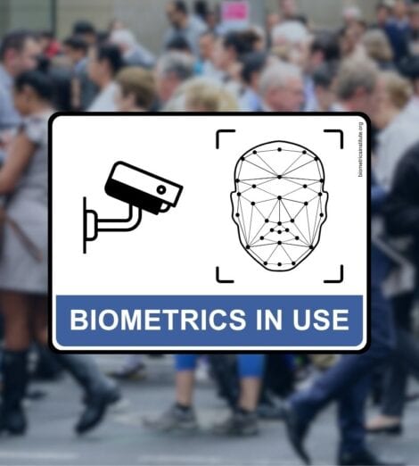 Signage emphasising that CCTV biometric facial recognition is in use in a public street setting