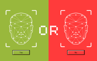 Graphic illustration for a facial recognition 'go/no-go' decision. A green left side shows a white facial biometric wireframe with a "Yes" button, and a red right side shows the same face with a "No" button, separated by the word "OR".