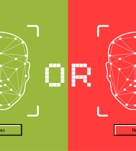 Graphic illustration for a facial recognition 'go/no-go' decision. A green left side shows a white facial biometric wireframe with a "Yes" button, and a red right side shows the same face with a "No" button, separated by the word "OR".