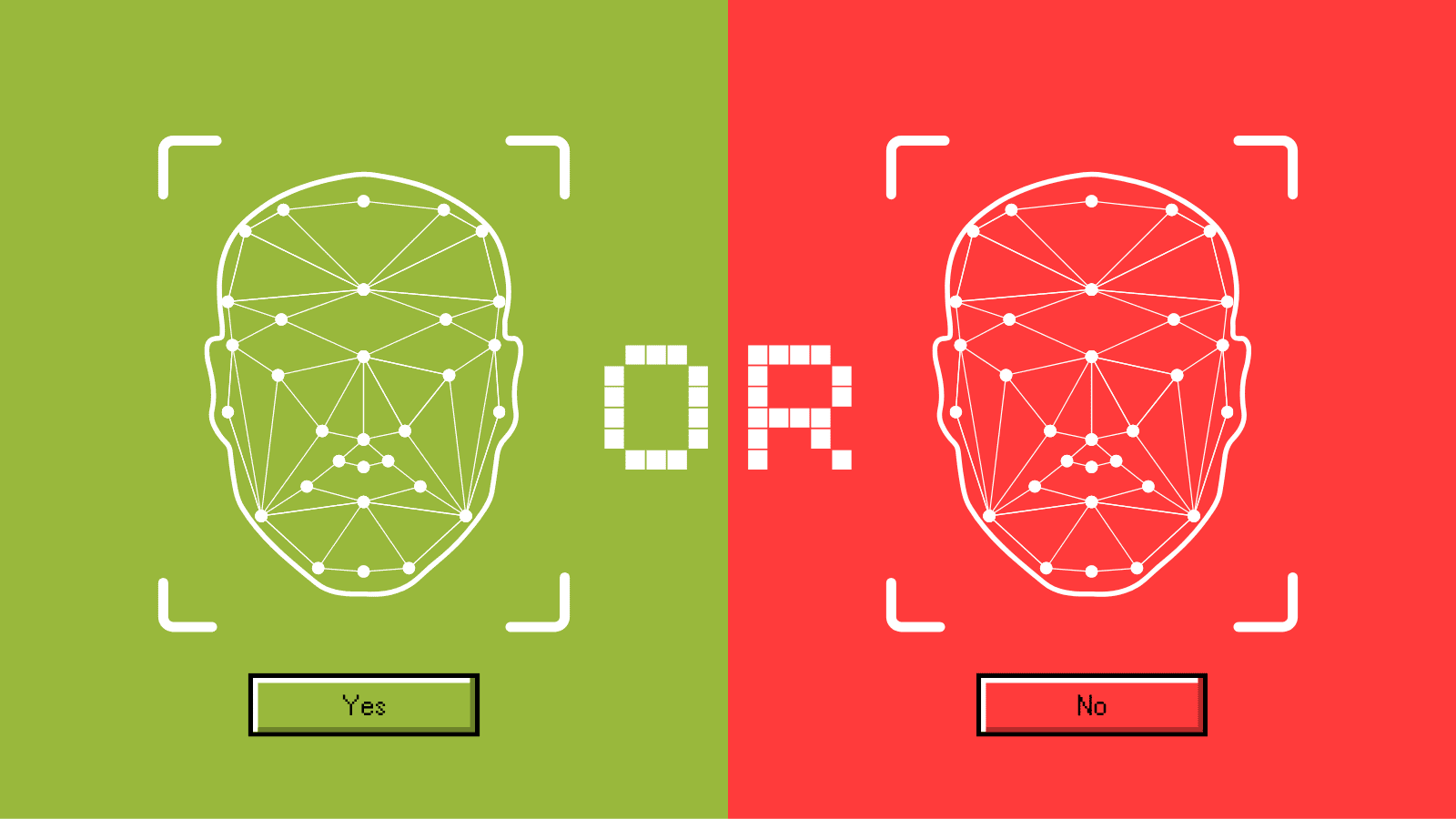 Graphic illustration for a facial recognition 'go/no-go' decision. A green left side shows a white facial biometric wireframe with a "Yes" button, and a red right side shows the same face with a "No" button, separated by the word "OR".
