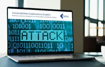 An open laptop on a desk with the screen displaying the Biometrics Institute logo and title for the resource, "Vulnerabilities Explanatory Graphic: Biometric Liveness: Protection from Presentation and Injection Attacks". The background image on the screen shows a digital blue matrix of binary code with the word "ATTACK" prominently highlighted in a pixelated block font, symbolising a digital security threat.