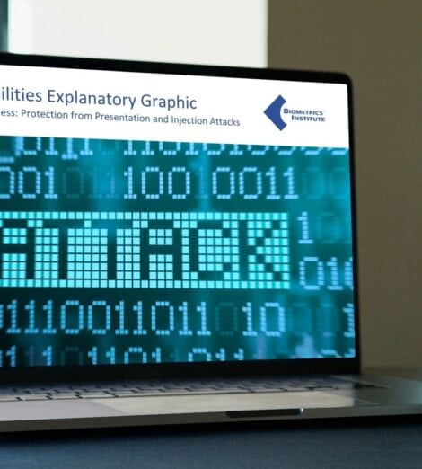 An open laptop on a desk with the screen displaying the Biometrics Institute logo and title for the resource, "Vulnerabilities Explanatory Graphic: Biometric Liveness: Protection from Presentation and Injection Attacks". The background image on the screen shows a digital blue matrix of binary code with the word "ATTACK" prominently highlighted in a pixelated block font, symbolising a digital security threat.